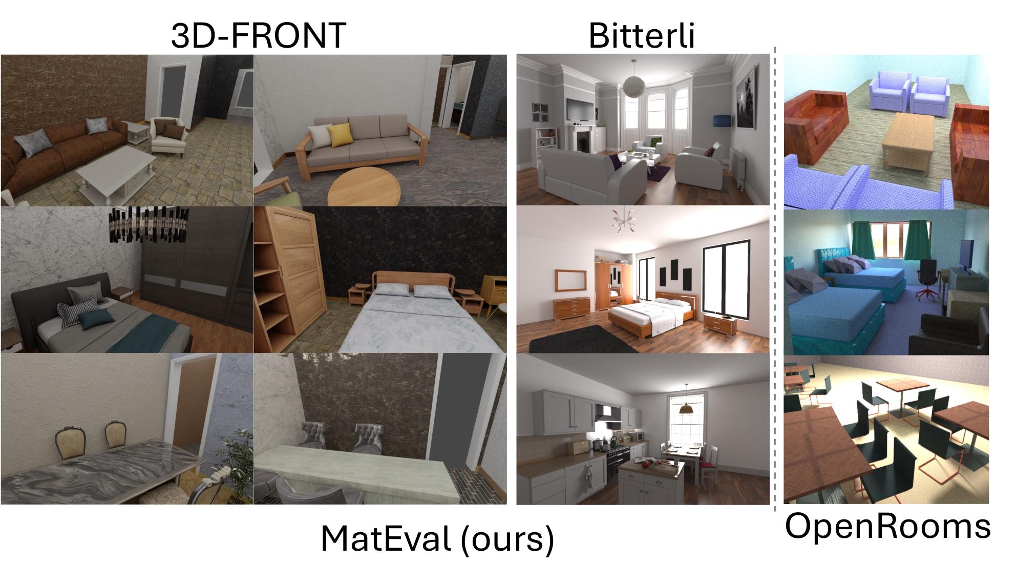 Comparison of MatEval and OpenRooms renderings.